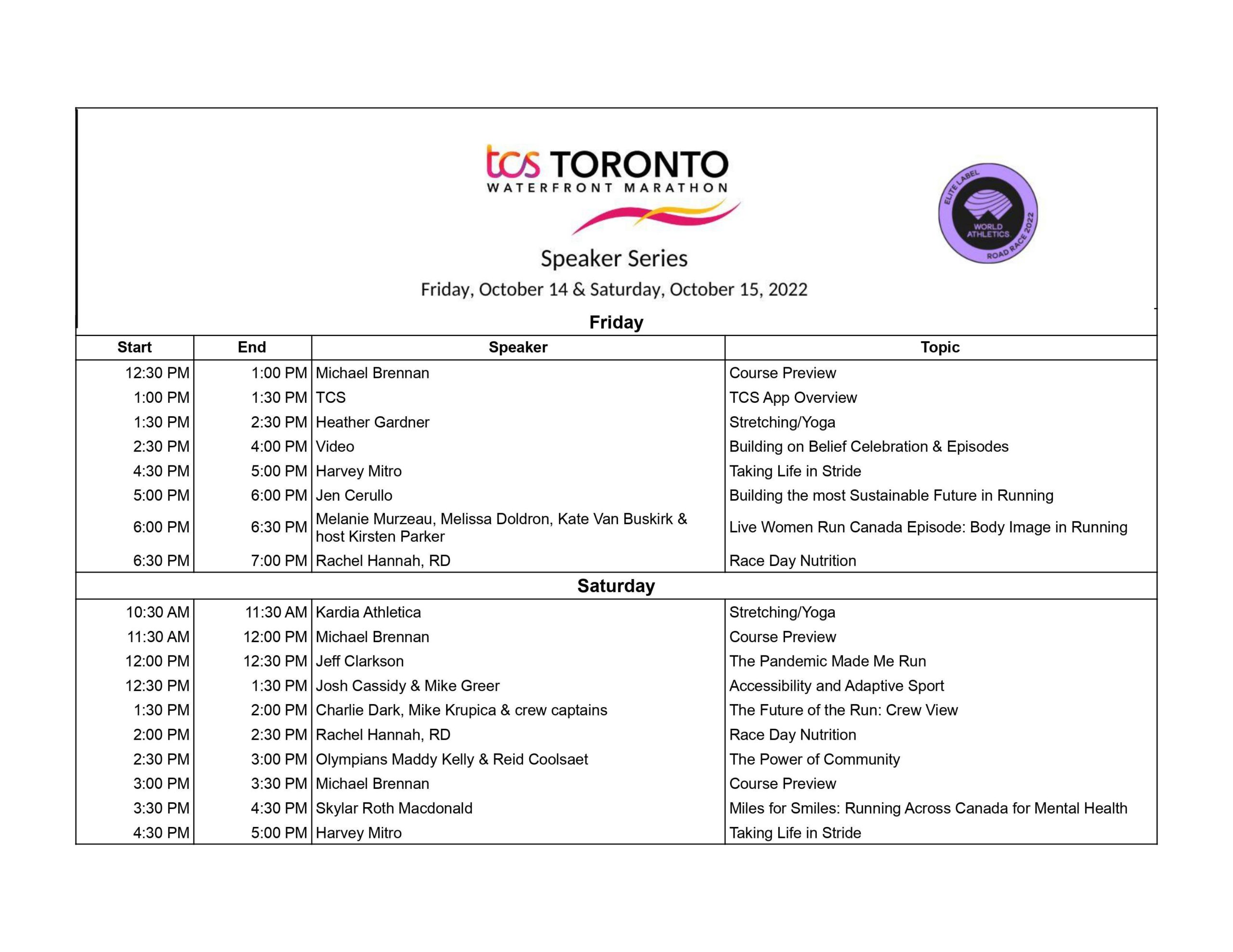 Speaker Series Schedule FINAL Toronto Waterfront Marathon